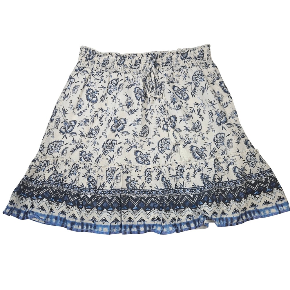 Beachlunchlounge Blue White Floral Cotton Mini Skirt Smocked Waist Small
